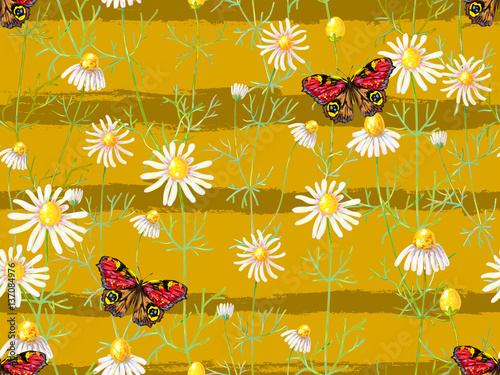 Seamless floral pattern with chamomile flowers and butterfly. Su