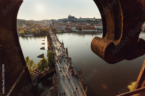 Photography beautiful view of the old bridge,river and the city