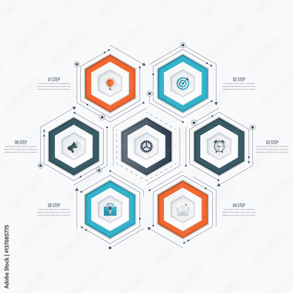 Infographics template 6 options with hexagon Infographics template 6 options with hexagon