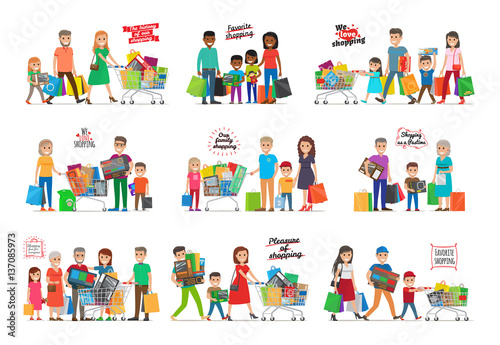 Collection of Icons with Happy Family Shopping