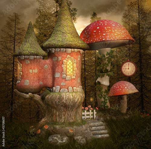 Fairytale little castle with mushroomes and clock