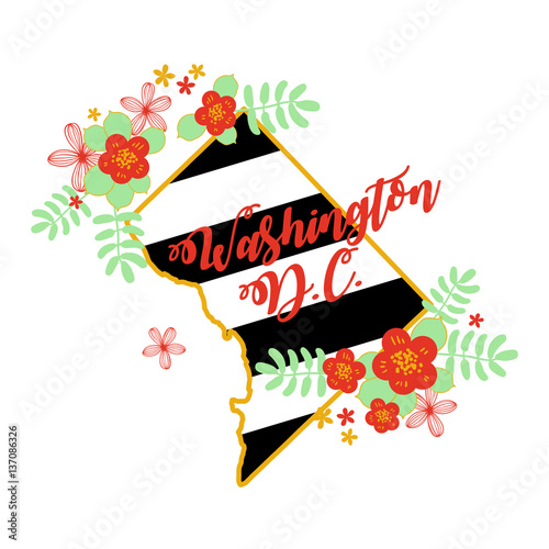 Washington, D.C. State Map Creative Vector Typography Lettering Composition with flowers. Design Concept