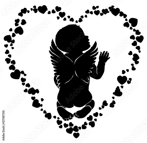 Angel baby with wings in hearts