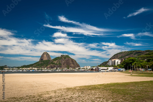 View of the Sugarloaf Mountain From Botafogo Beach in Rio de Janeiro, Deep Blue Sky With Clouds