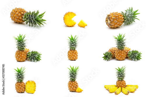 Collection set of pineapples fruit slices isolated on white background