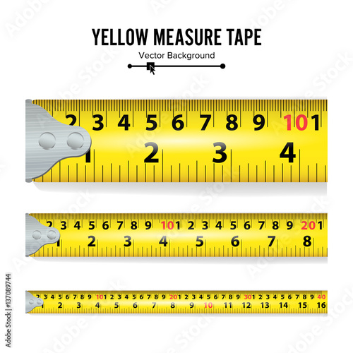 Yellow Measure Tape Vector. Measure Tool Equipment In Centimeters. Several Variants, Proportional Scaled.