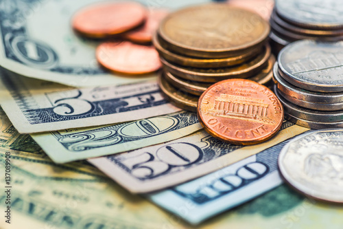 Still Life with cash dollars and cents US. photo