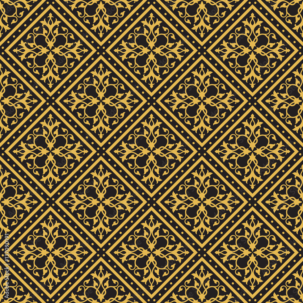 Seamless gold and black floral pattern
