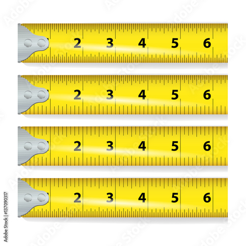 Yellow Measure Tape Vector. Centimeter And Inch. Measure Tool Equipment Illustration Isolated On White Background. Several Variants, Proportional Scaled.