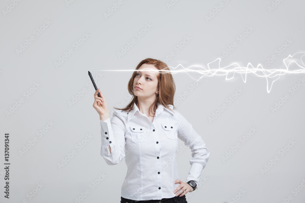 Woman making magic effect - flash lightning. The concept of copywriting or writing. Woman making magic effect - flash lightning. The concept of copywriting or writing.