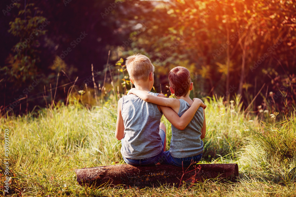 Two little boys friends hug each other in summer sunny day. Brother