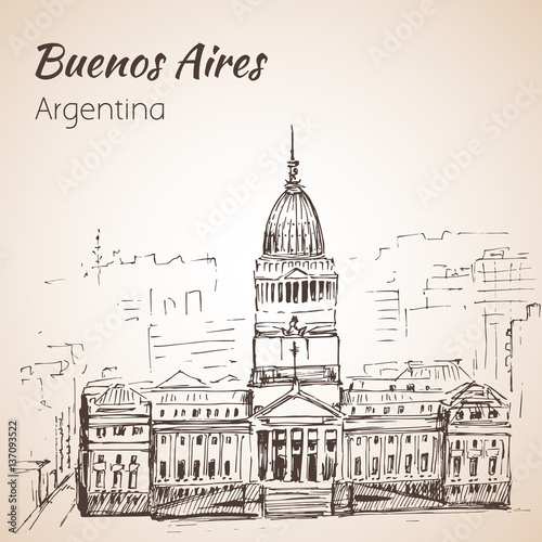 Buenos Aires cityscape. Argentina. Sketch. Isolated on white background