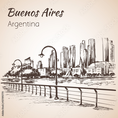 Buenos Aires cityscape seafront.  Argentina. Sketch.
