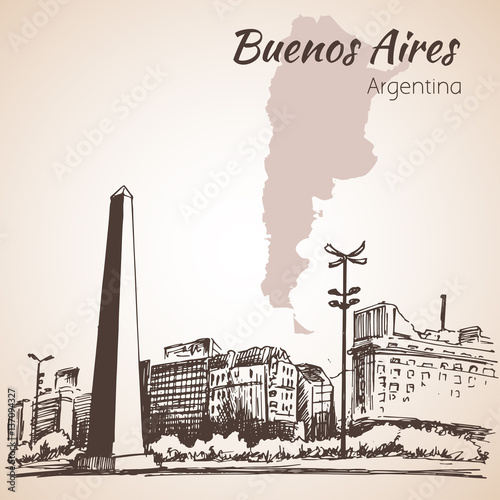 Buenos Aires cityscape with obelisk. Argentina. Sketch.