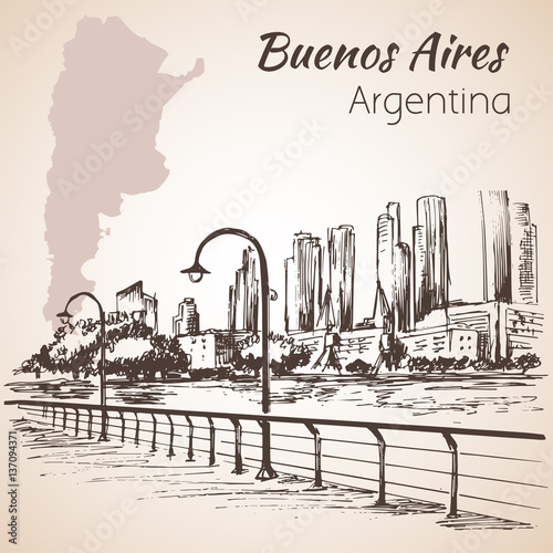 Buenos Aires cityscape seafront. Argentina. Sketch.