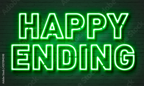 Fényképezés Happy ending neon sign on brick wall background.
