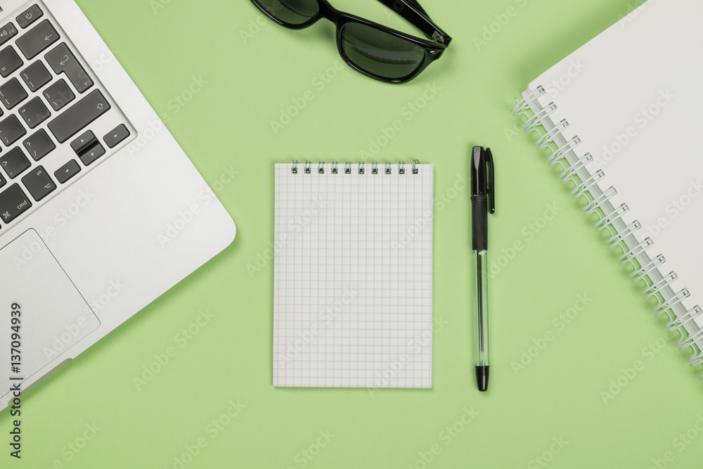Flay lay picture with blank notepad page Flay lay picture with blank notepad page