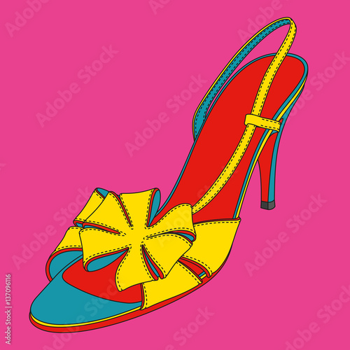 High heel disco sandals. Pop art image. Shoe image. Illustrated fashion dictionary.