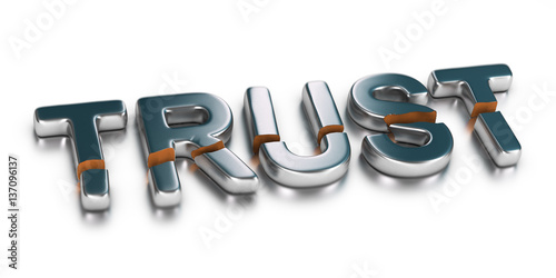 3D illustration of the word trust broken in two parts over white background, Business concept of untrusted company or unreliability. photo