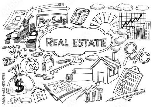 PrintReal estate business industry and investment chalk handwriting doodle sign and symbol,Freehand doodle icons.