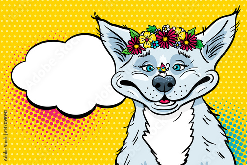 Wow pop art dog. Funny happy surprised dog  with wide cute smile, flowers on his head looking at butterfly and empty speech bubble. Vector illustration in retro comic style. Party invitation poster.