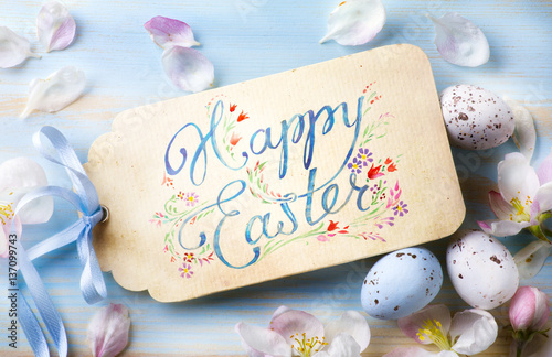 Canvas Print Happy Easter Background; Spring flowers and easter eggs