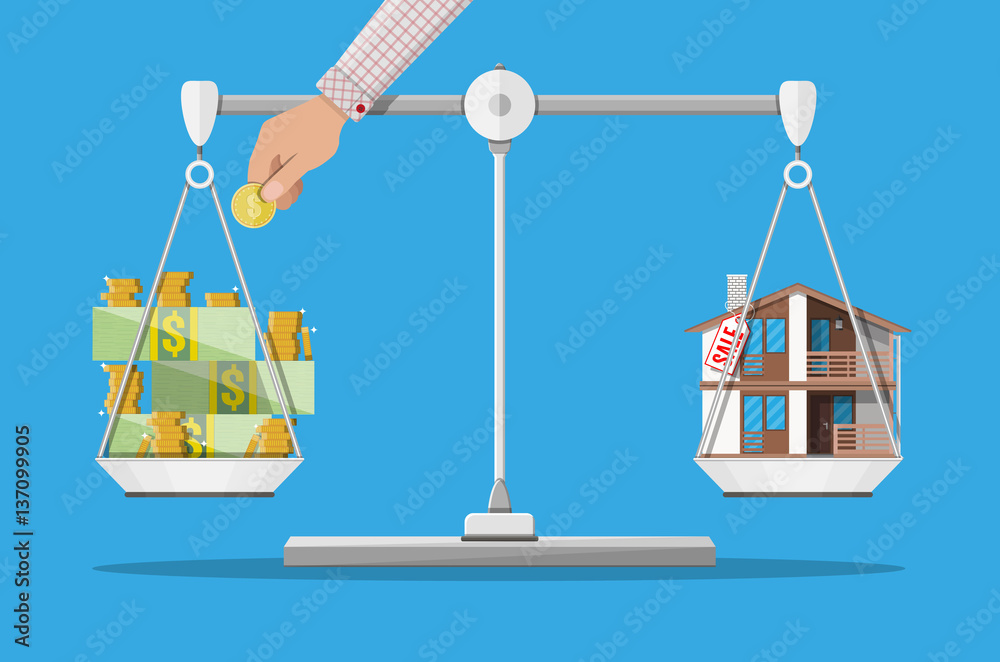 Scales with house and money. Real estate Scales with house and money. Real estate