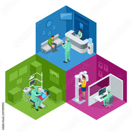 Isometric Modern dental practice. Dental chair and other accessories used by dentists in blue, medic, reception, detail dental panoramic radiograph equipment. Flat vector concept