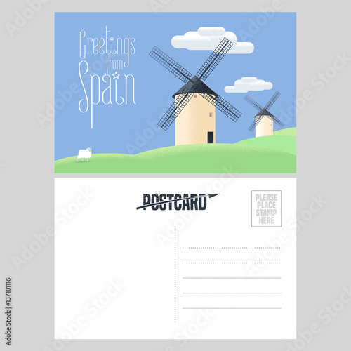 Mills in Spain vector postcard template