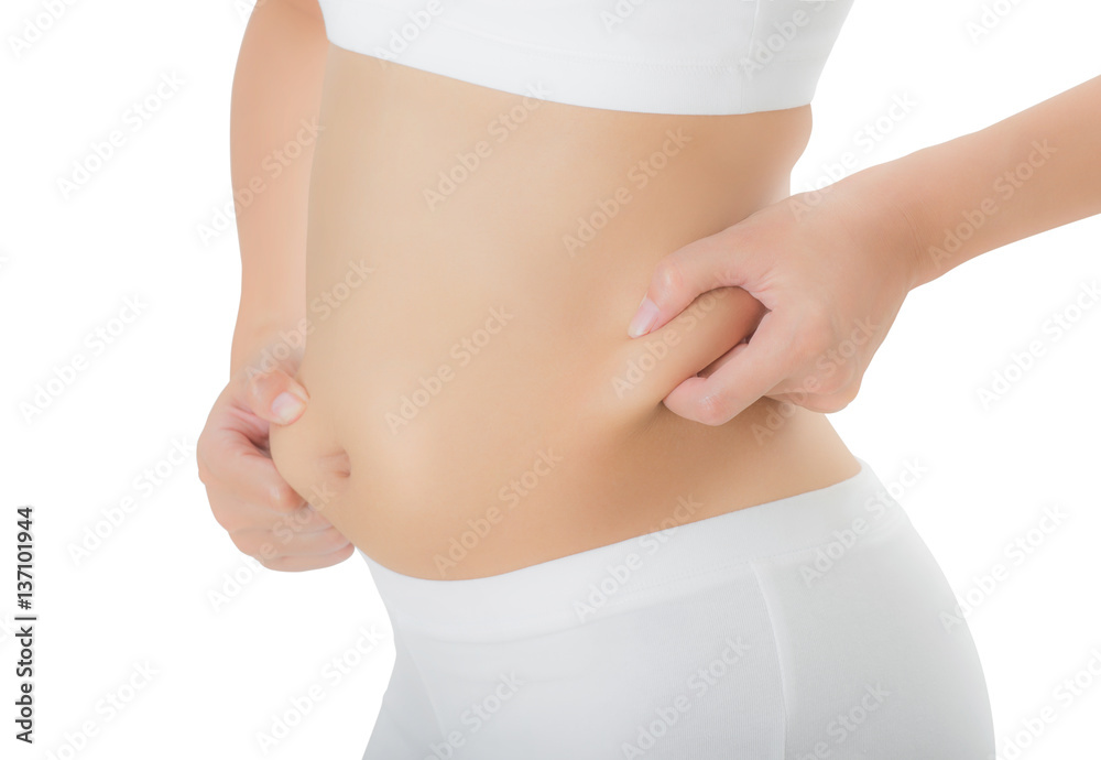 Close up woman checks and pinching Excess fat on her hip seems like to be fat, overweight concept, Isolated on white background. Close up woman checks and pinching Excess fat on her hip seems like to be fat, overweight concept, Isolated on white background.