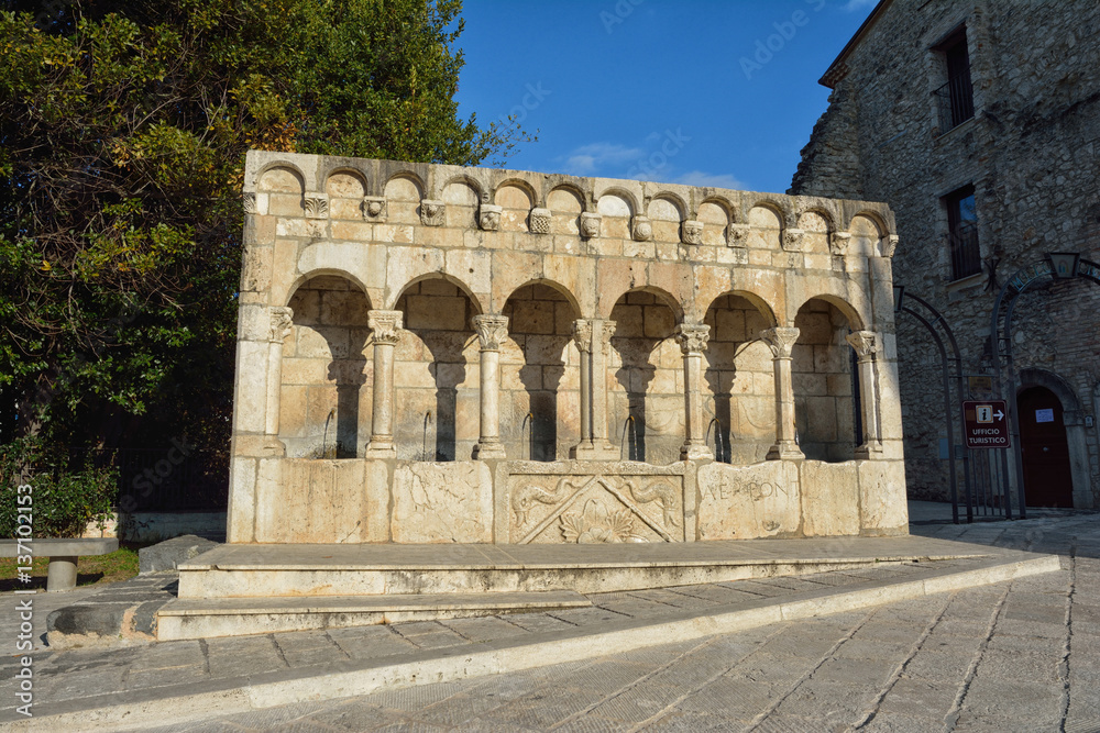 Fontana Fraterna, ancient and famous all in stone fountain, historic center of Isernia, Molise, Italy