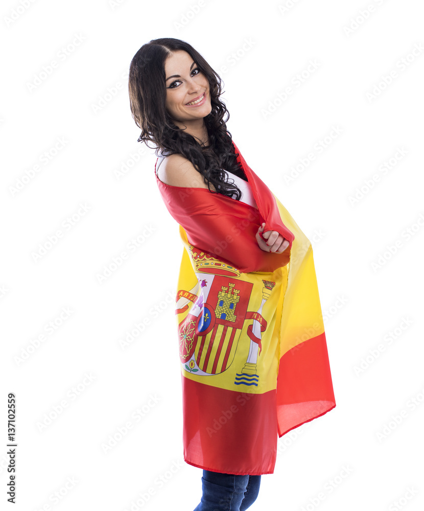 Young woman on the background of the Spanish flag Young woman on the background of the Spanish flag