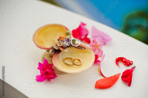 Wedding rings in the shells with the words of Boracay, Philippines. Wedding in the tropics, concept photo