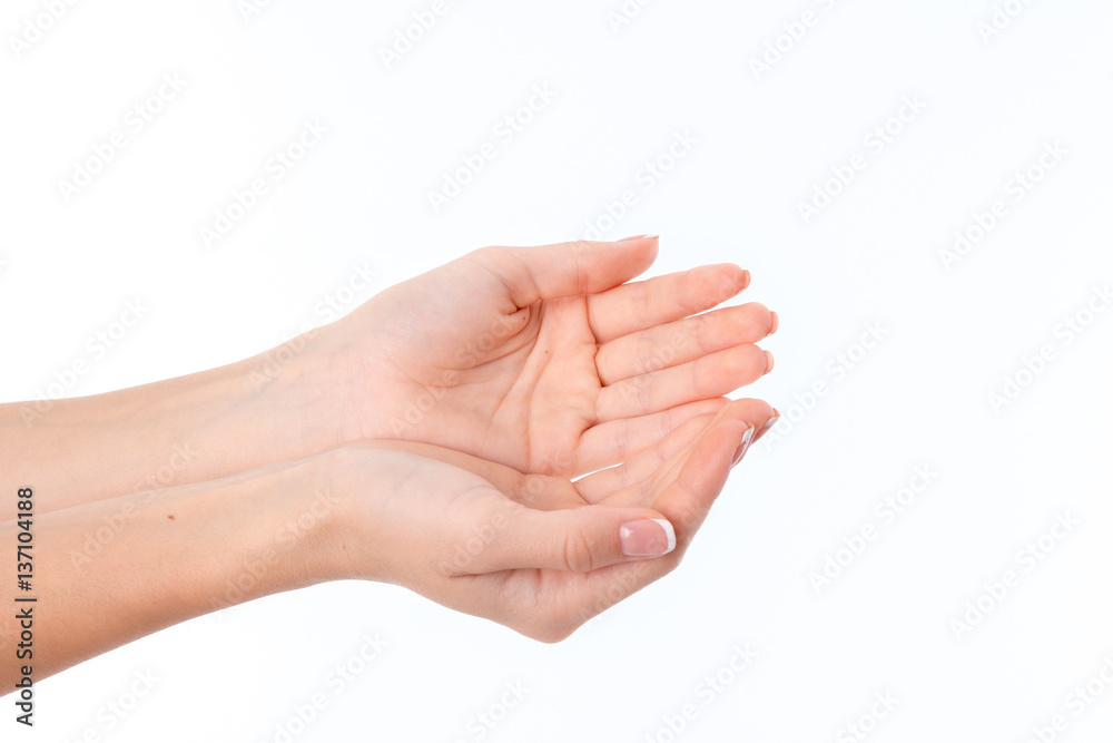 two women's hands with the Palms is isolated on a white background