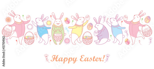 Vector Happy Easter border with outline easter rabbit, egg and basket in pastel colors isolated on white background. Cartoon elements with cute bunny and eggs in contour style for greeting design.