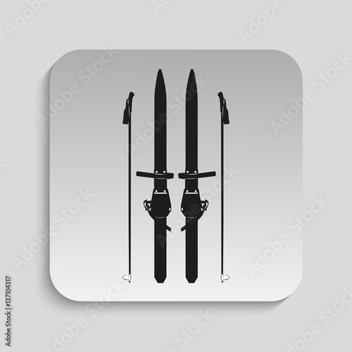 Skis and ski poles. Vector icon.