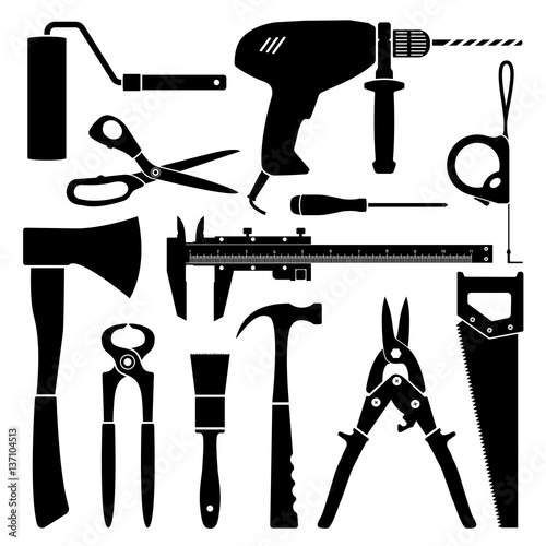 Vector black & white working tools collection for construction and repair. Part two