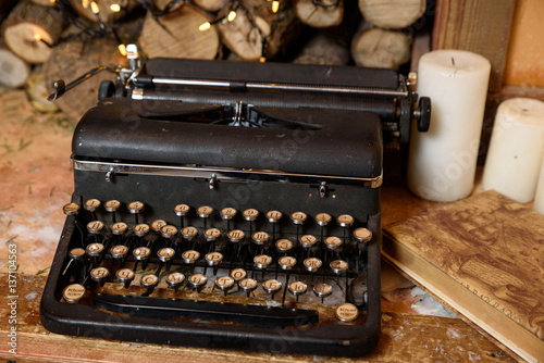 Old black vintage typewriter machine for writer. Poetry day. 