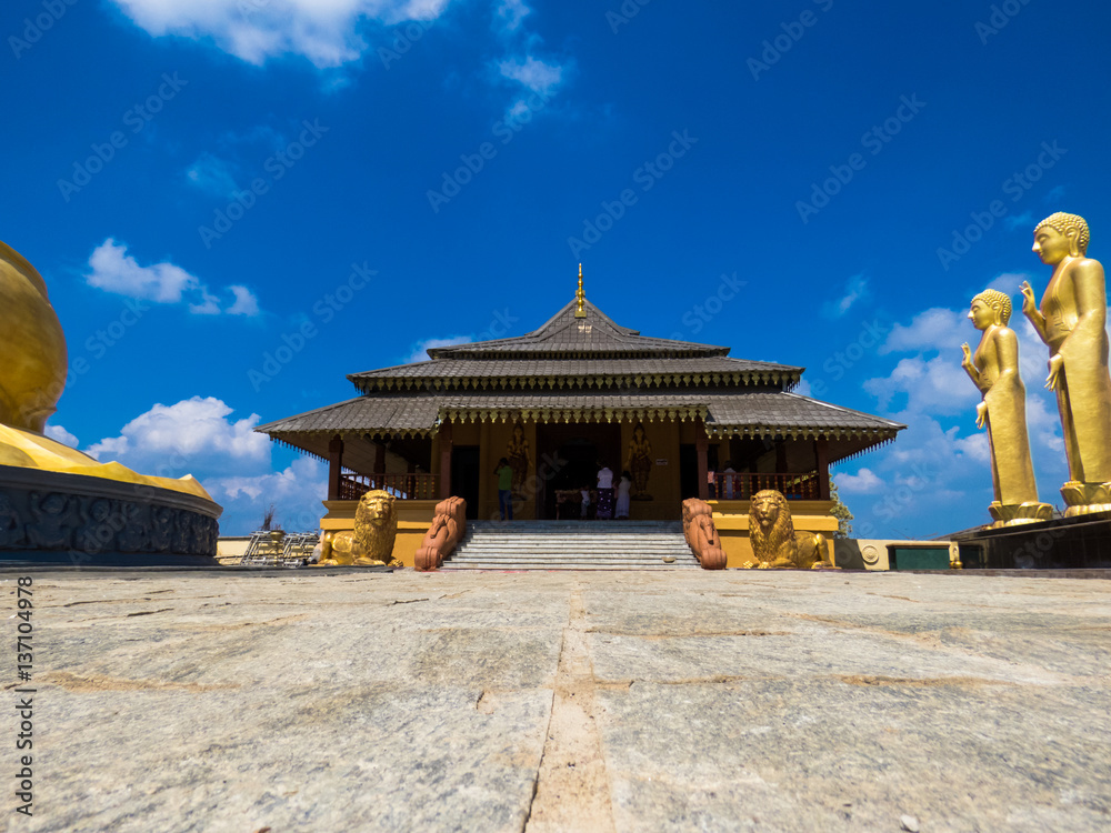 Golden Temple Palace Relic House granite paved floor path series of golden Standing Buddha Statues lion statue sclupture blue sky clouds at Nelligala International Buddhist Center Kandy, Sri Lanka
