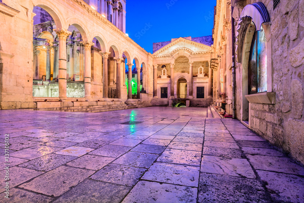 Split old city architecture. / Colorful evening view at old city square Peristil in town Split, ancient roman architecture in front of Saint Domnius bell tower, croatian travel places.