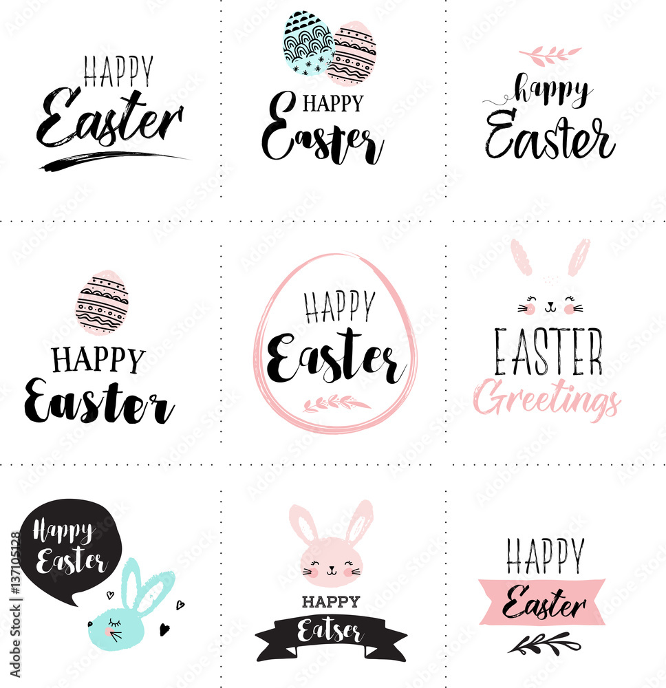 Fototapeta premium Happy Easter greeting cards set with cute pink, sweet hand drawn watercolor bunny, eggs, ribbons