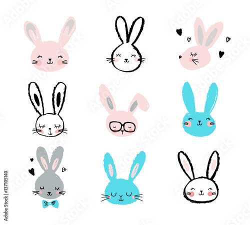 Bunny, rabbits, cute characters set, for Easter, kids and baby t-shirts and greeting cards
