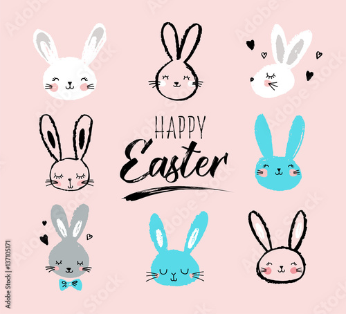 Bunny  rabbits  cute characters set  for Easter  kids and baby t-shirts and greeting cards