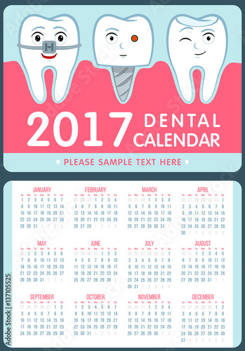 Calendar for children dentistry. Paper dental calendar 2017. Funny cartoon teeth and oral hygiene concept. Toothcare. Horizontal orientation, stomatology planner. Vector Illustration