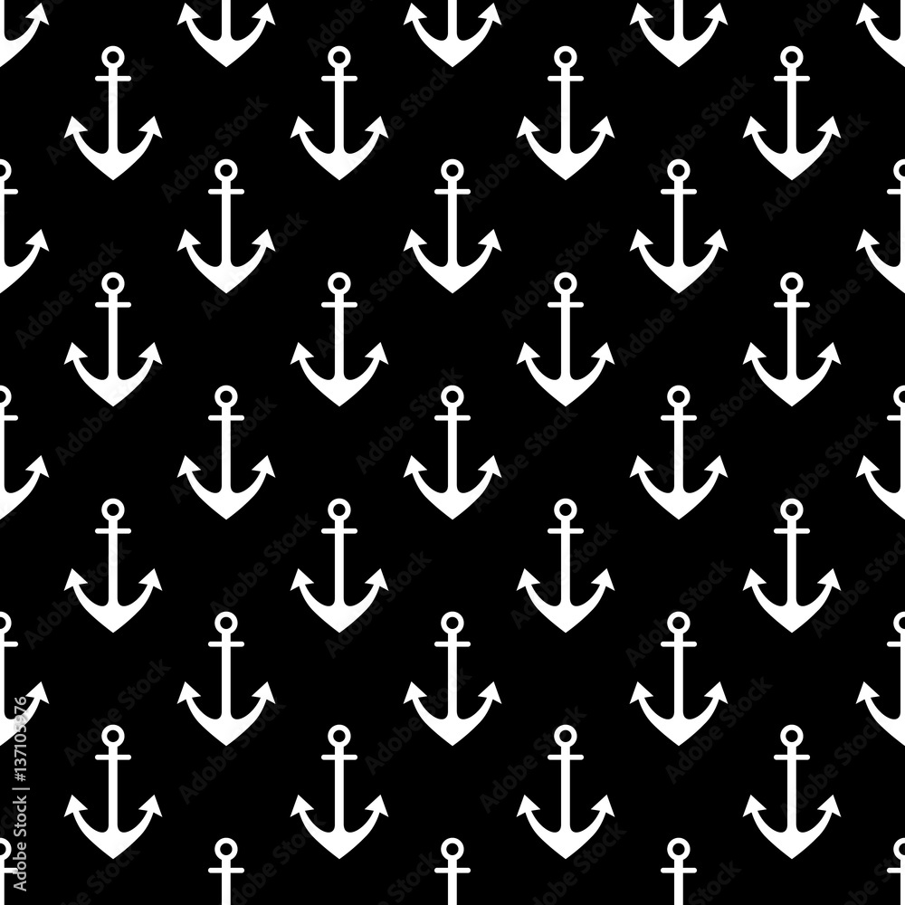 Fototapeta premium Vector seamless pattern with anchor. Symmetrical background, nautical theme. Graphic illustration. Black and white Template for wrapping, backgrounds, fabric, prints, decor, surface