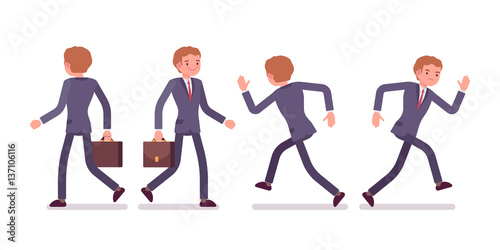 Set of businessman in walking, running poses, rear, front view