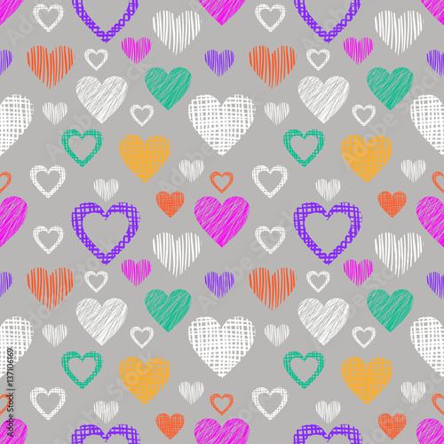 Seamless vector pattern with hearts. endless symmetrical background with hand drawn textured figures. Graphic illustration Template for wrapping, web backgrounds, wallpaper, cover, print, surface