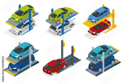 Isometric Hydraulic lifts for the car in the underground parking. Flat vector Multi-level parking.