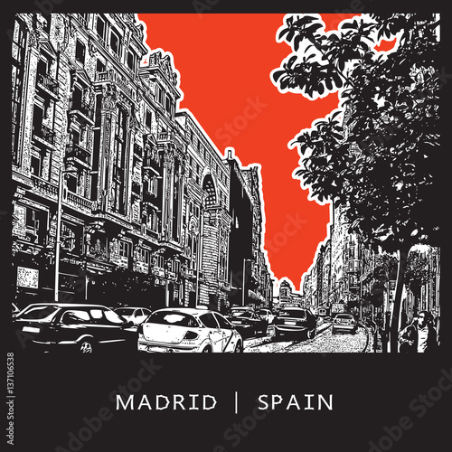 Madrid, Spain. European street with big houses, cars, trees and people. Vector graphic illustration.
