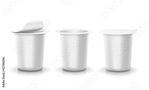 Realistic vector plastic container set of yogurt or dessert Template opened and closed blank packages